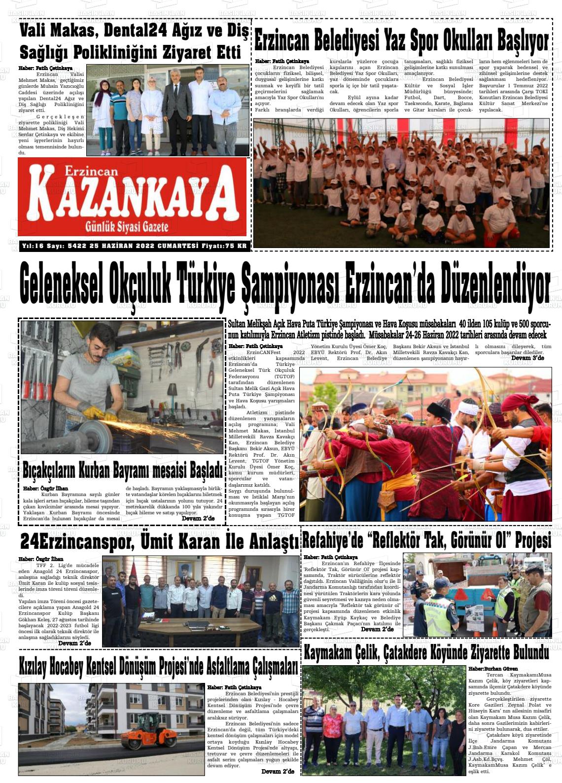 25 Haziran 2022 Kazankaya Gazete Manşeti