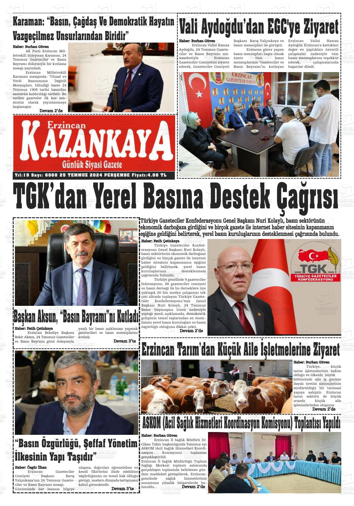 25 Temmuz 2024 Kazankaya Gazete Manşeti