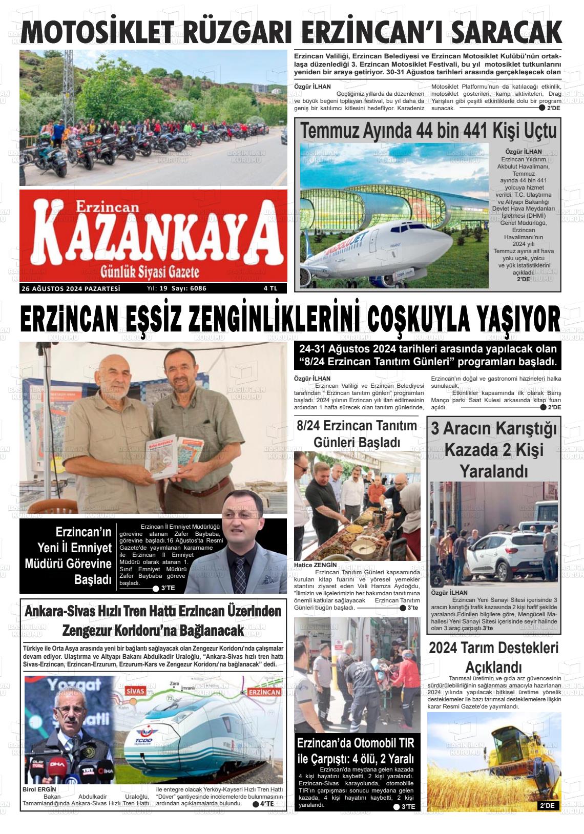 26 Ağustos 2024 Kazankaya Gazete Manşeti