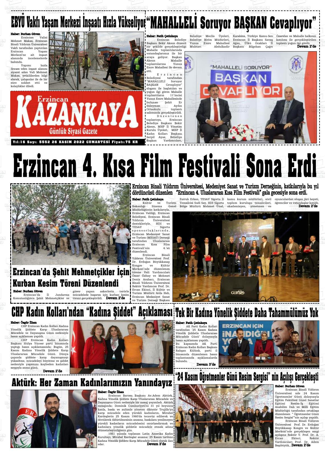 26 Kasım 2022 Kazankaya Gazete Manşeti