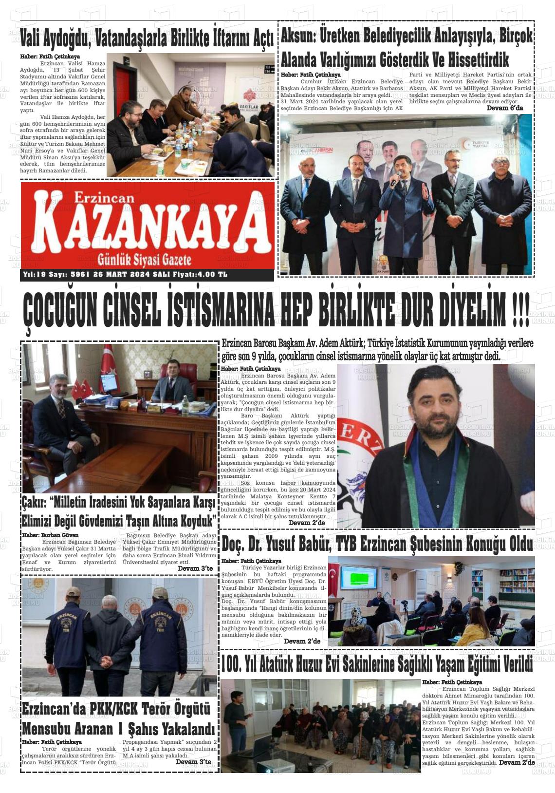 26 Mart 2024 Kazankaya Gazete Manşeti