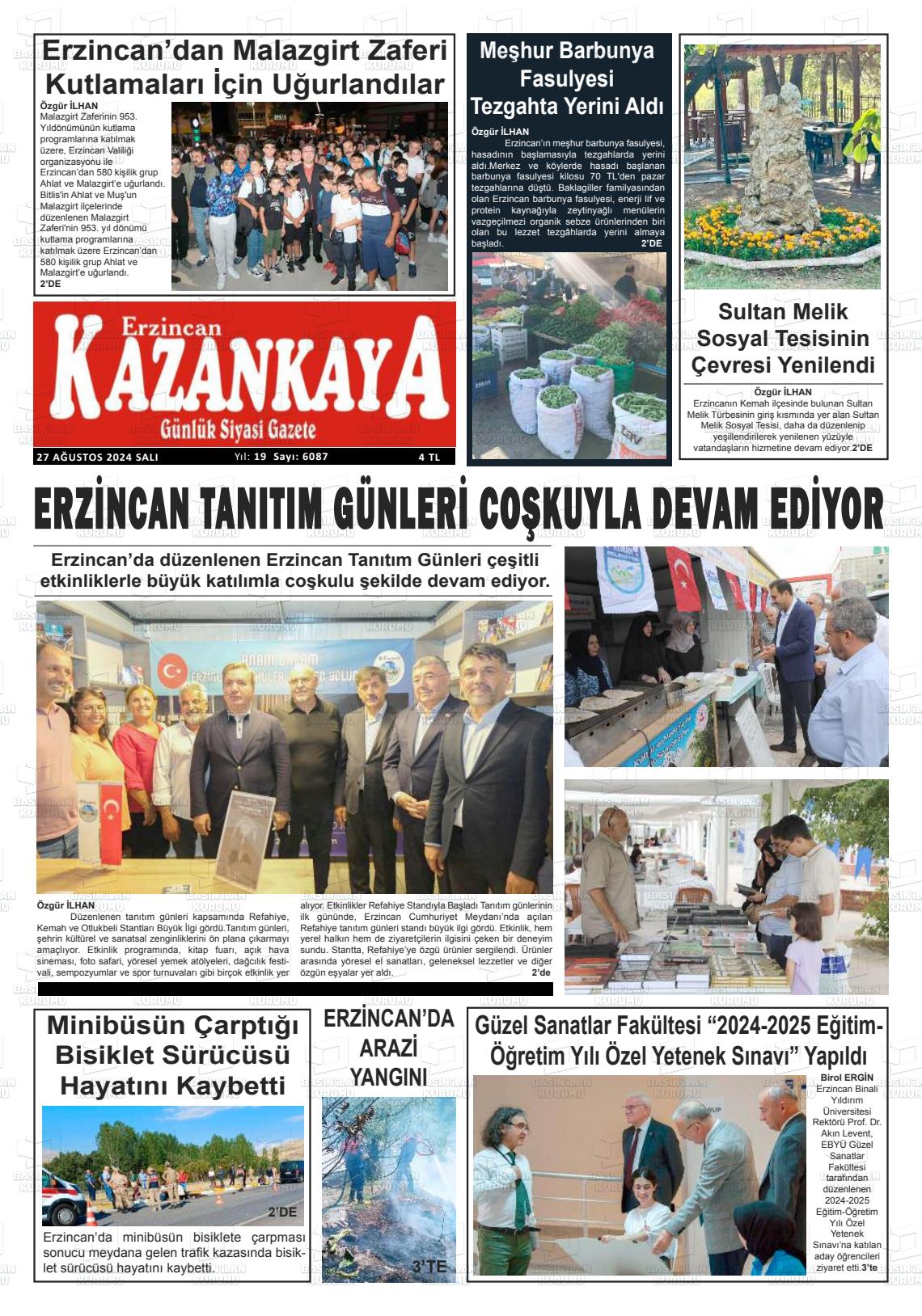 27 Ağustos 2024 Kazankaya Gazete Manşeti