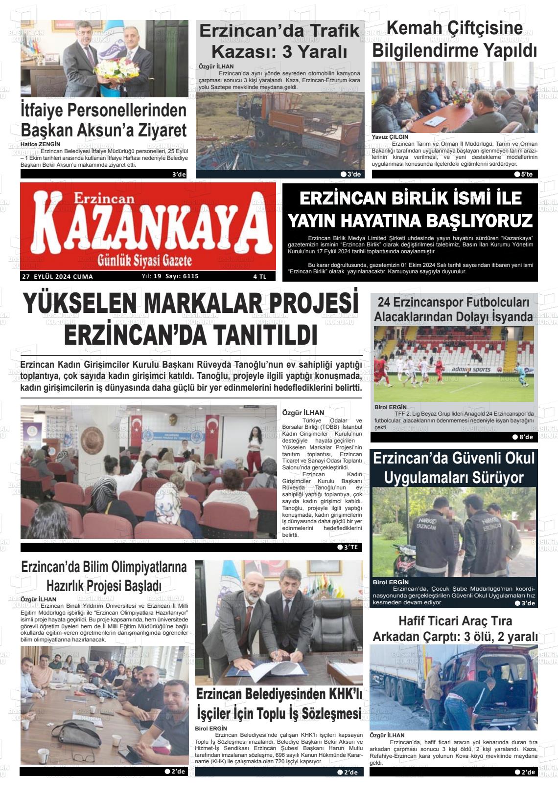 27 Eylül 2024 Kazankaya Gazete Manşeti