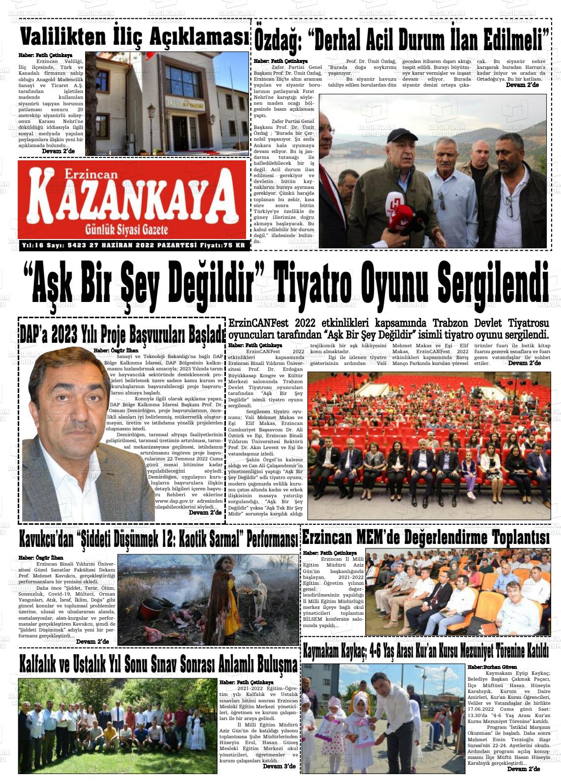 27 Haziran 2022 Kazankaya Gazete Manşeti