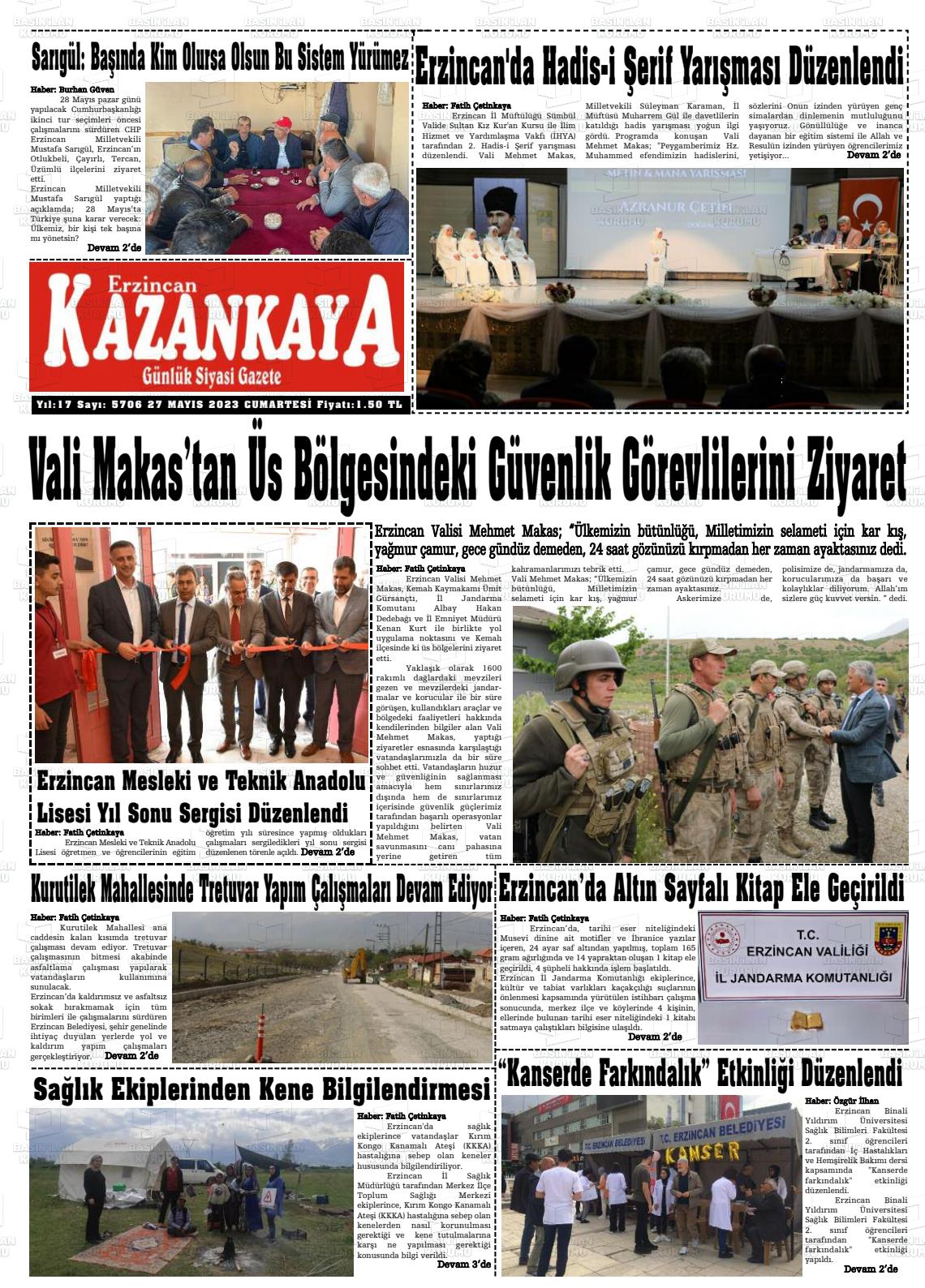 27 Mayıs 2023 Kazankaya Gazete Manşeti