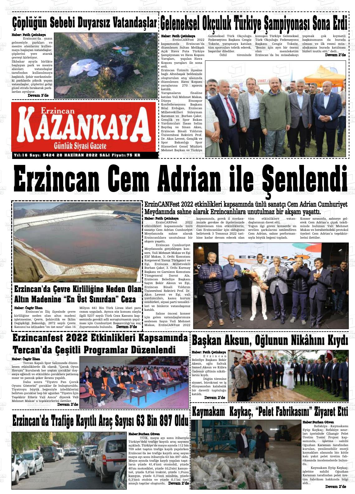 28 Haziran 2022 Kazankaya Gazete Manşeti