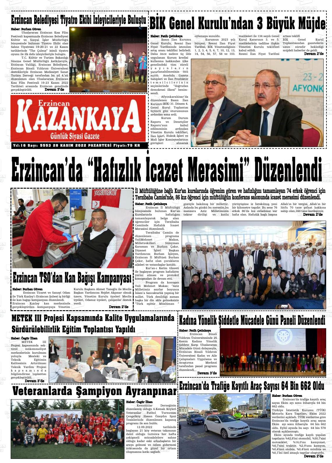 28 Kasım 2022 Kazankaya Gazete Manşeti