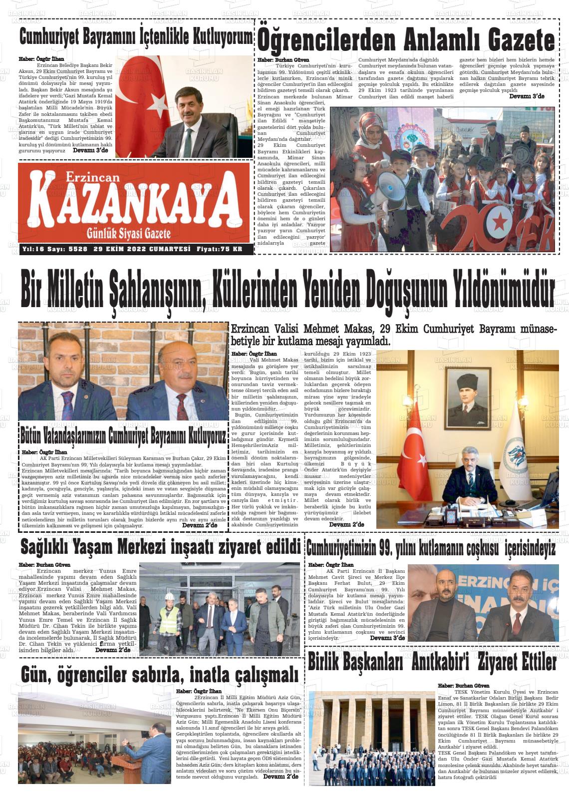 30 Ekim 2022 Kazankaya Gazete Manşeti