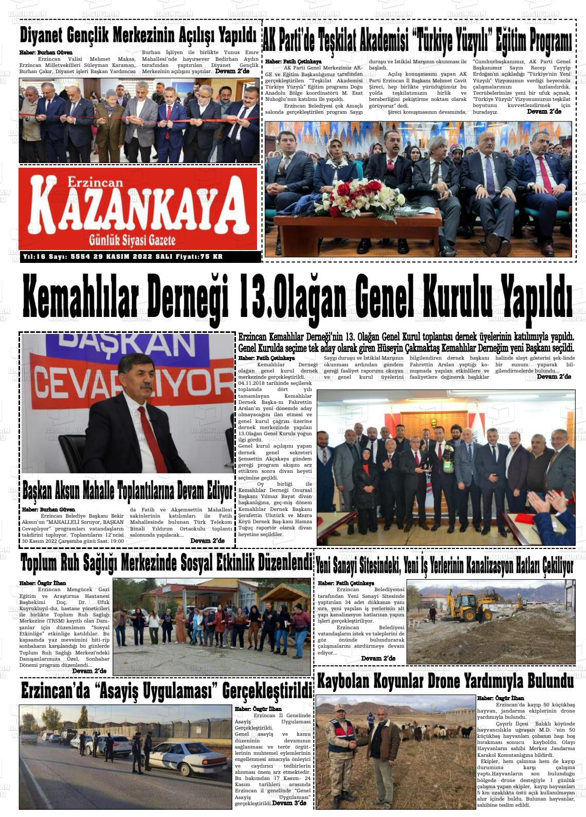 29 Kasım 2022 Kazankaya Gazete Manşeti