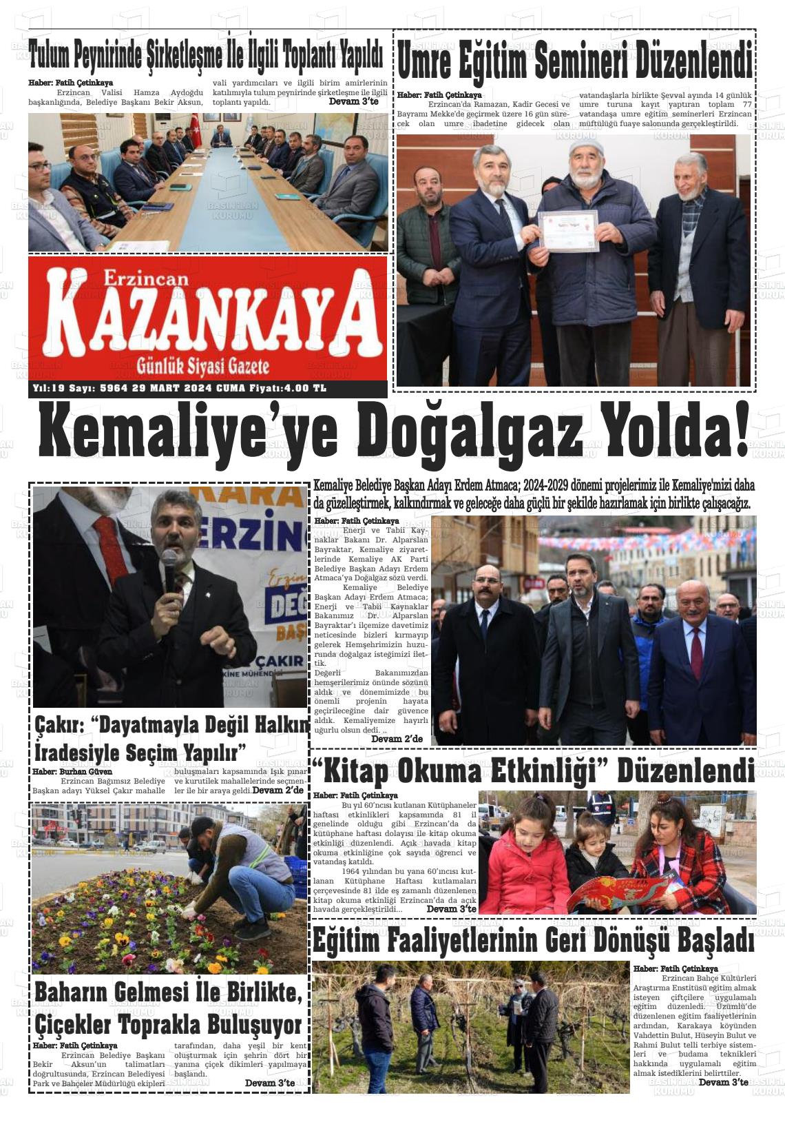 29 Mart 2024 Kazankaya Gazete Manşeti