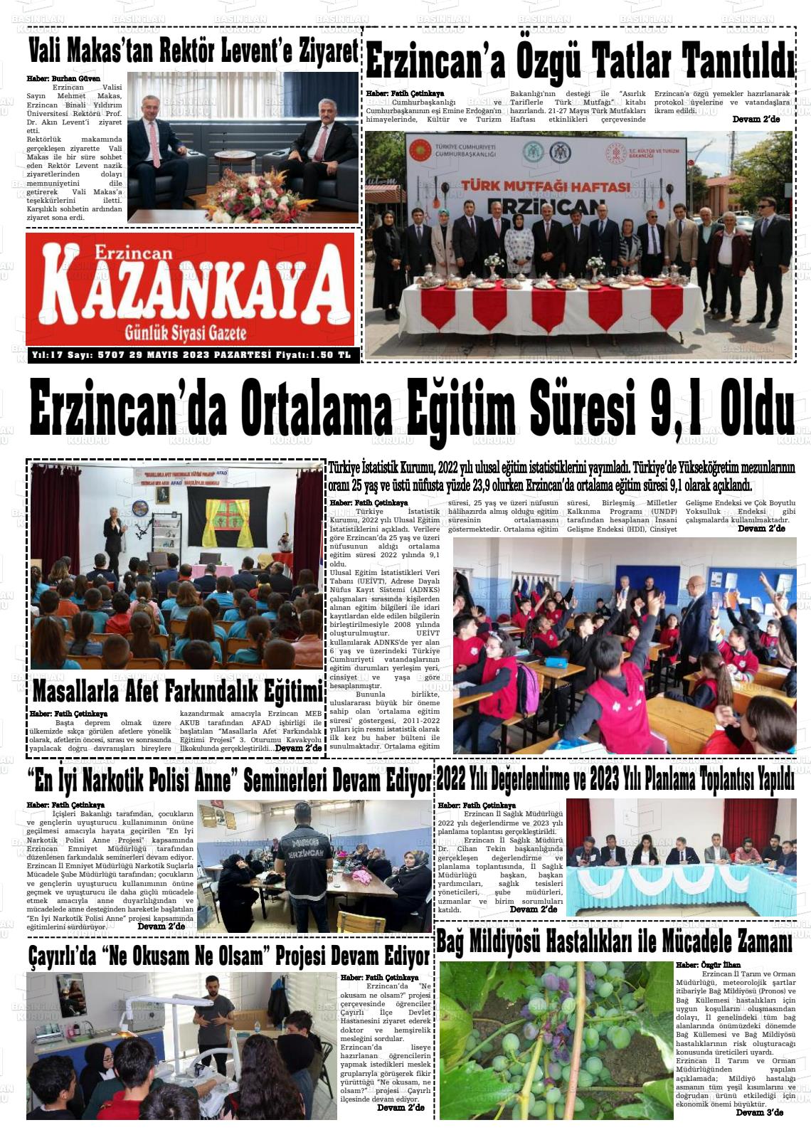 29 Mayıs 2023 Kazankaya Gazete Manşeti