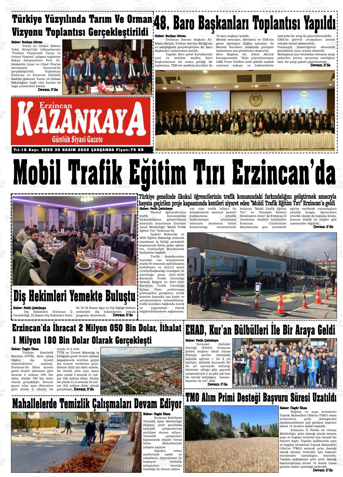 30 Kasım 2022 Kazankaya Gazete Manşeti