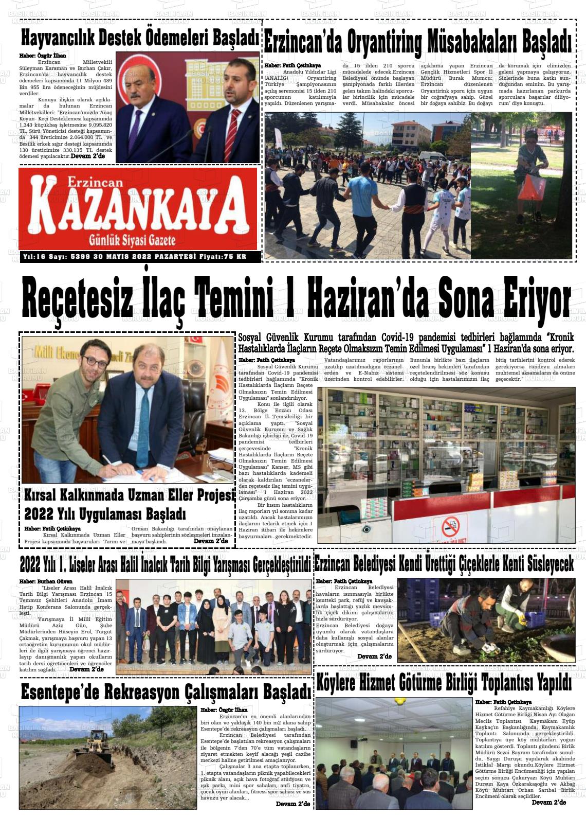 30 Mayıs 2022 Kazankaya Gazete Manşeti