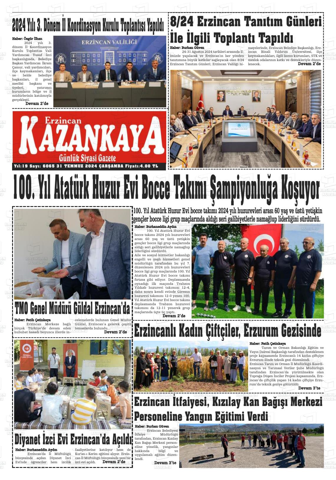 31 Temmuz 2024 Kazankaya Gazete Manşeti