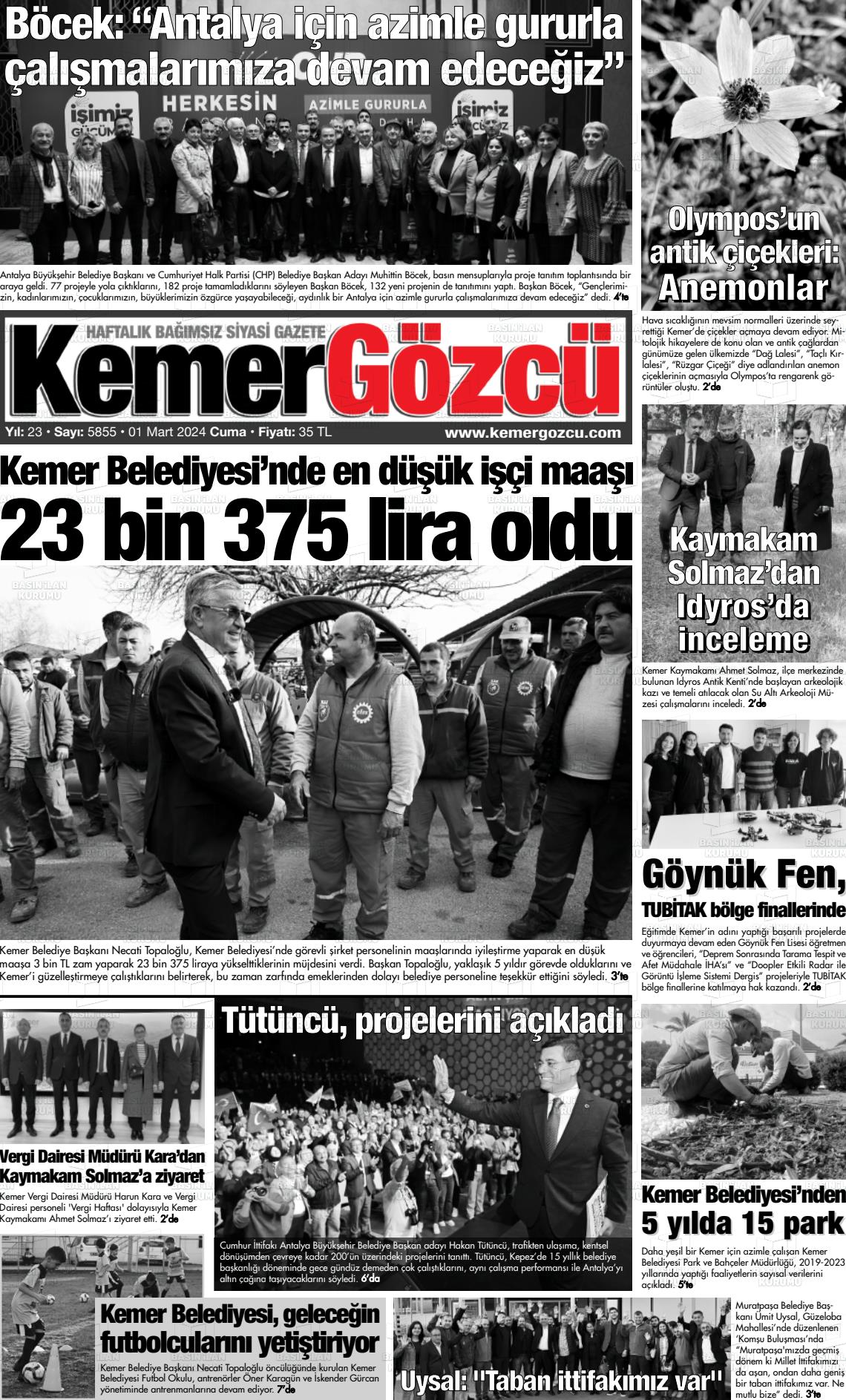 01 Mart 2024 Kemer Gözcü Gazete Manşeti