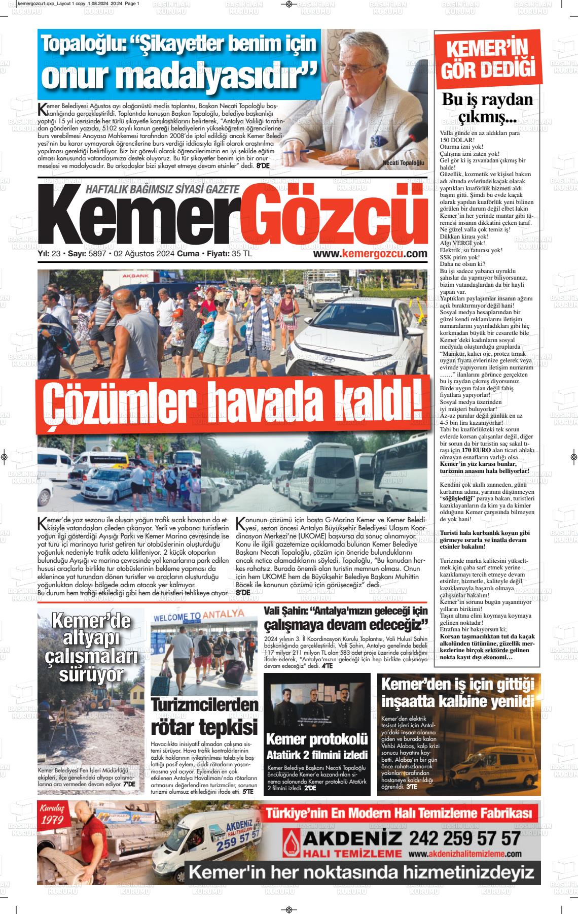 02 Ağustos 2024 Kemer Gözcü Gazete Manşeti