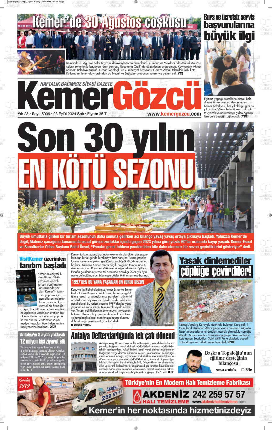 03 Eylül 2024 Kemer Gözcü Gazete Manşeti