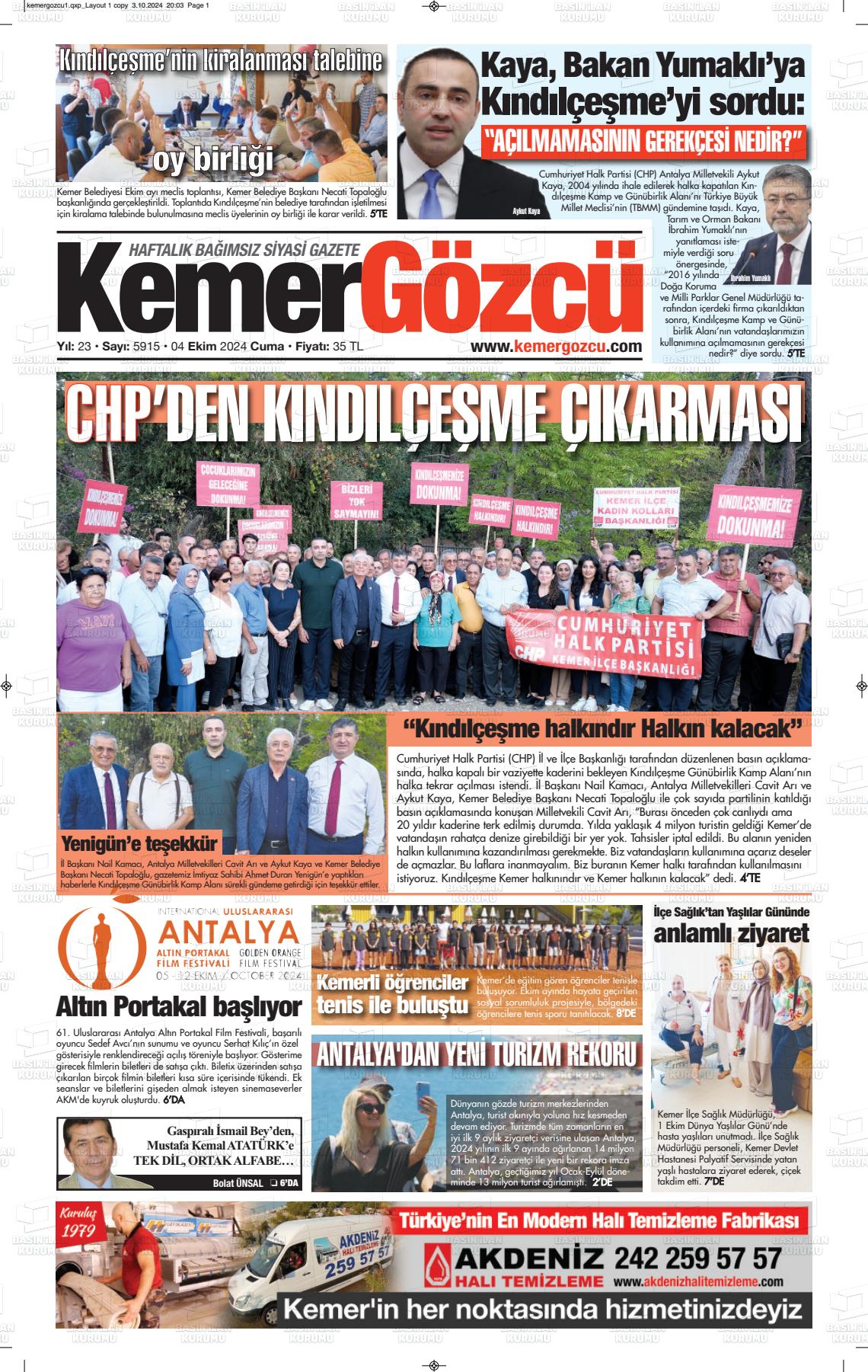 04 Ekim 2024 Kemer Gözcü Gazete Manşeti