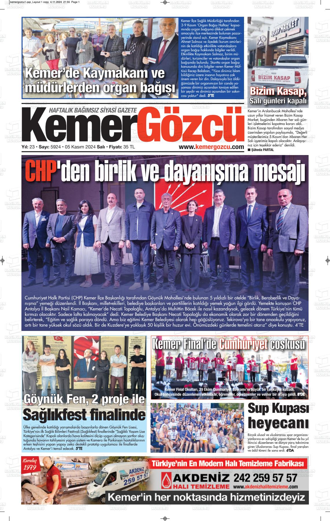 05 Kasım 2024 Kemer Gözcü Gazete Manşeti