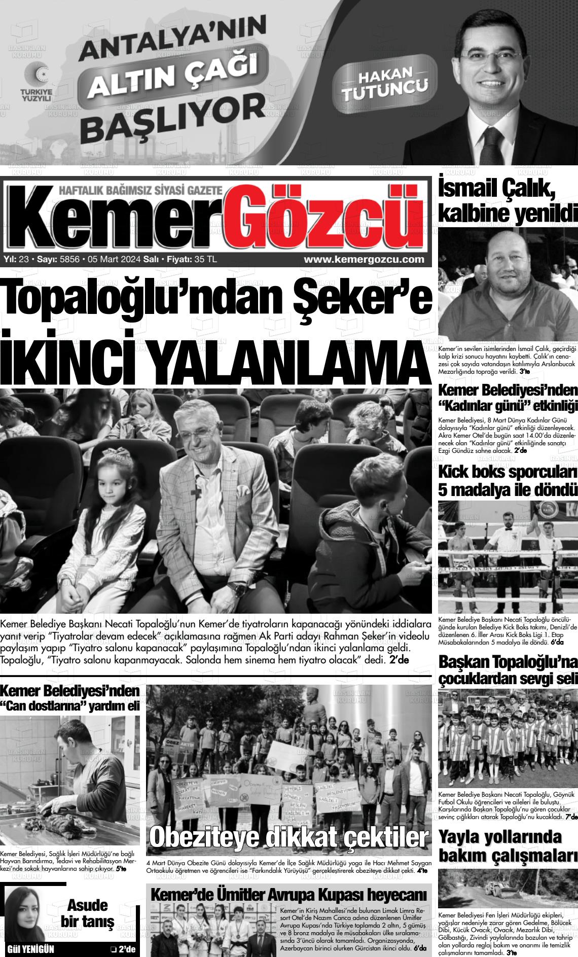 07 Mart 2024 Kemer Gözcü Gazete Manşeti