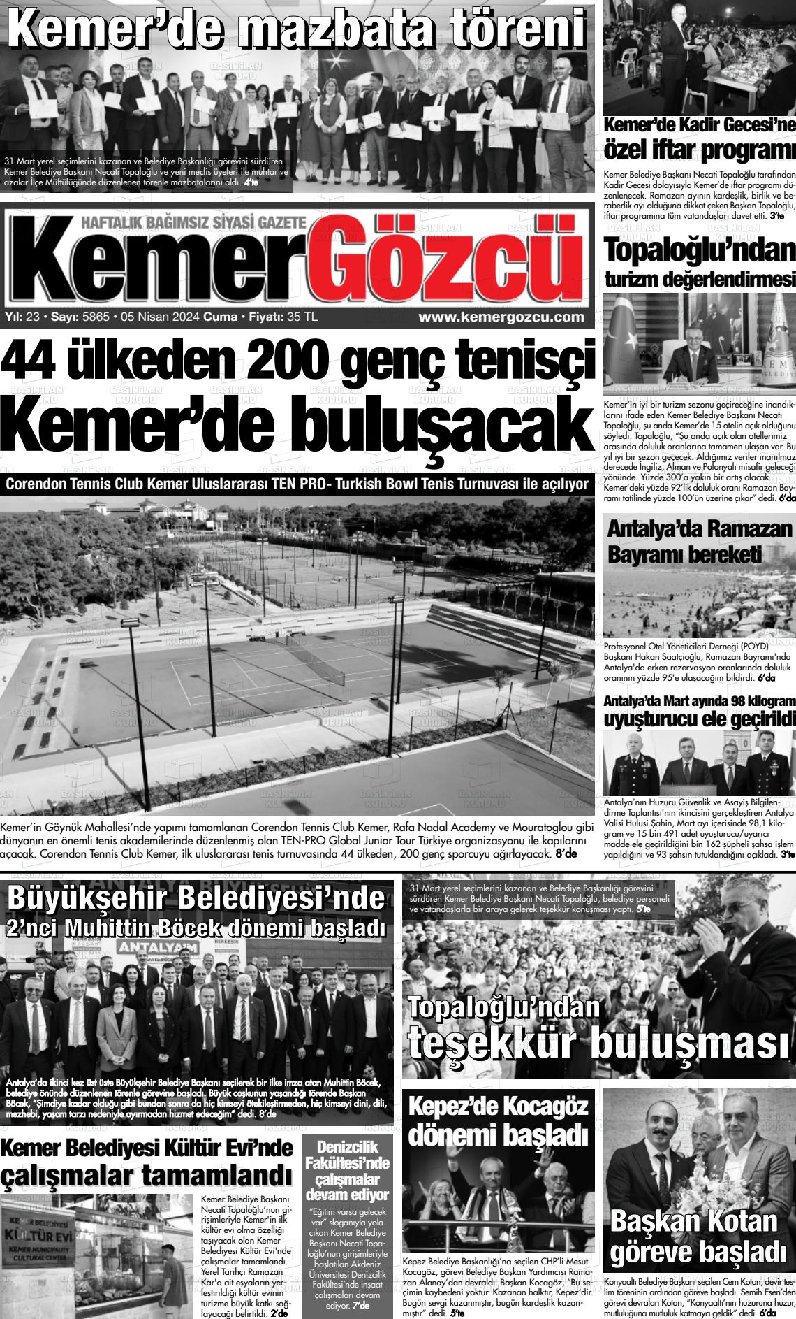 05 Nisan 2024 Kemer Gözcü Gazete Manşeti