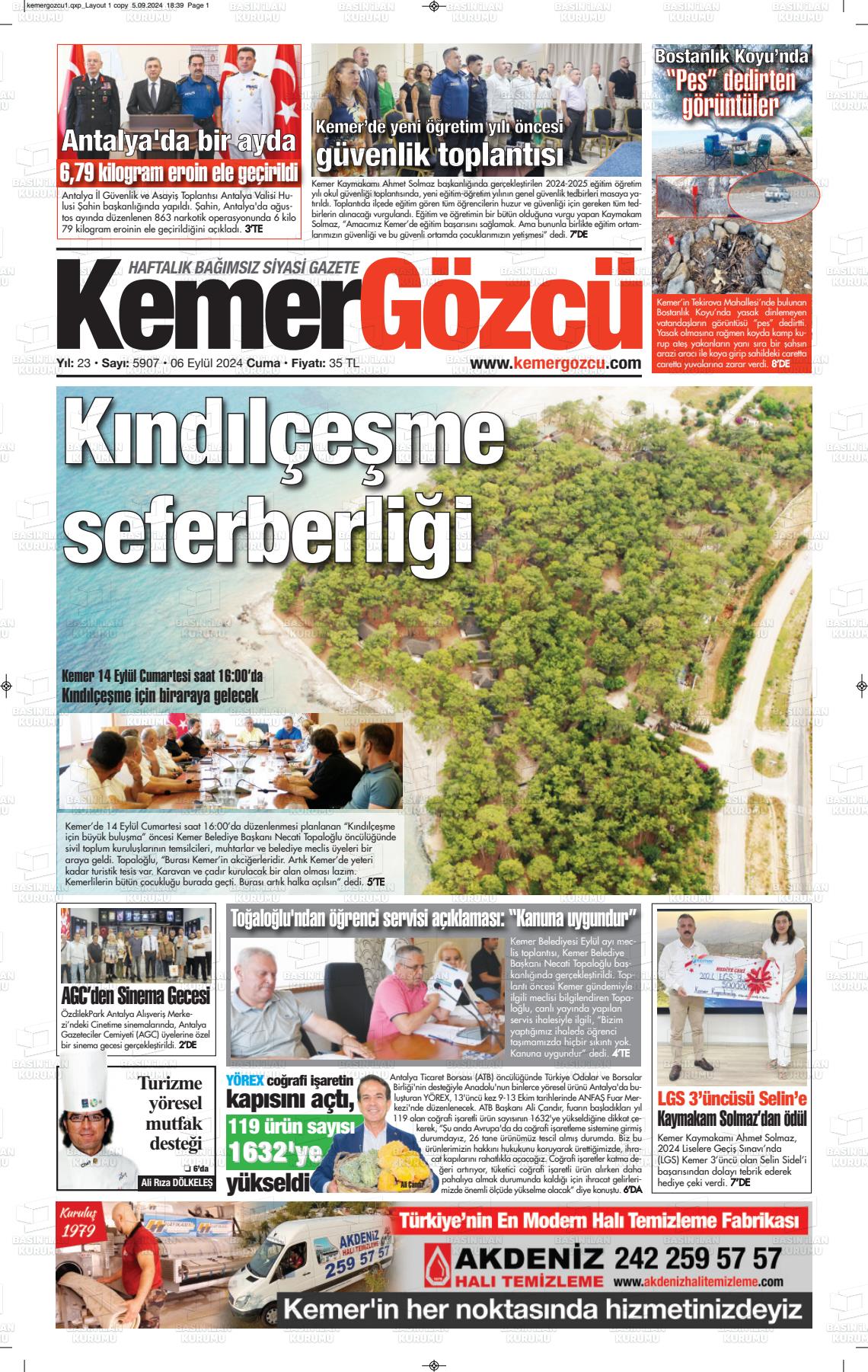 06 Eylül 2024 Kemer Gözcü Gazete Manşeti