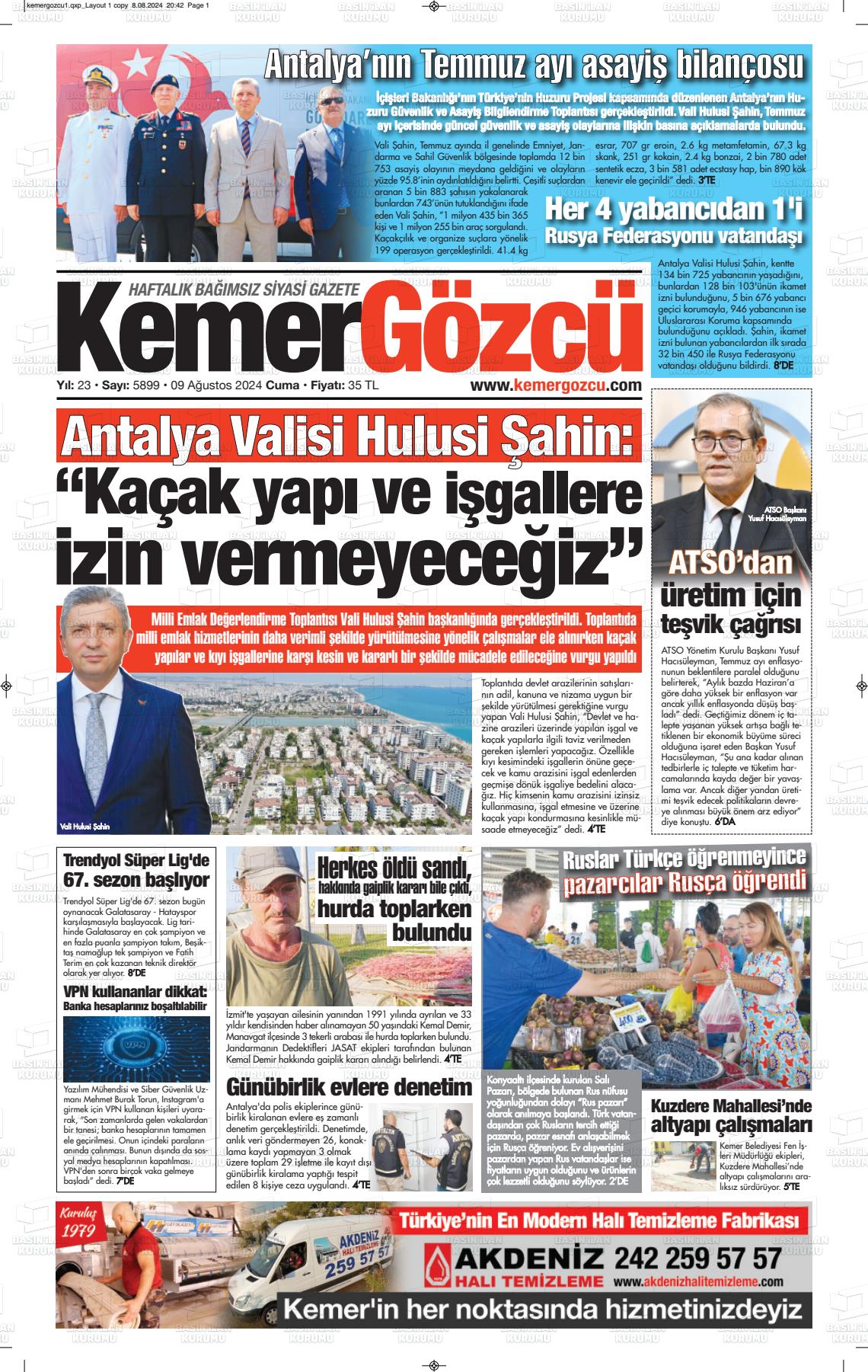 09 Ağustos 2024 Kemer Gözcü Gazete Manşeti