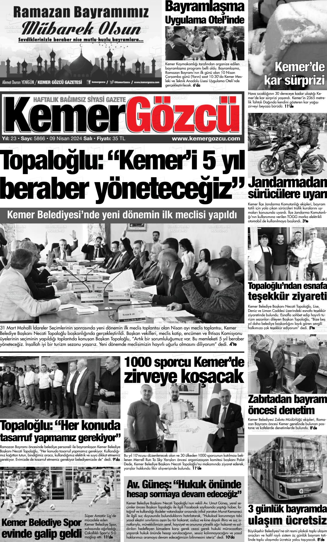 09 Nisan 2024 Kemer Gözcü Gazete Manşeti