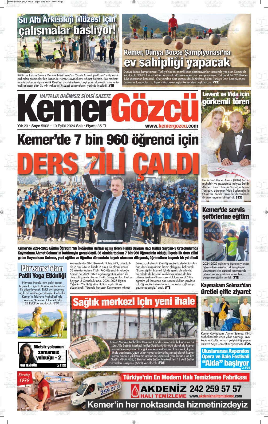 10 Eylül 2024 Kemer Gözcü Gazete Manşeti