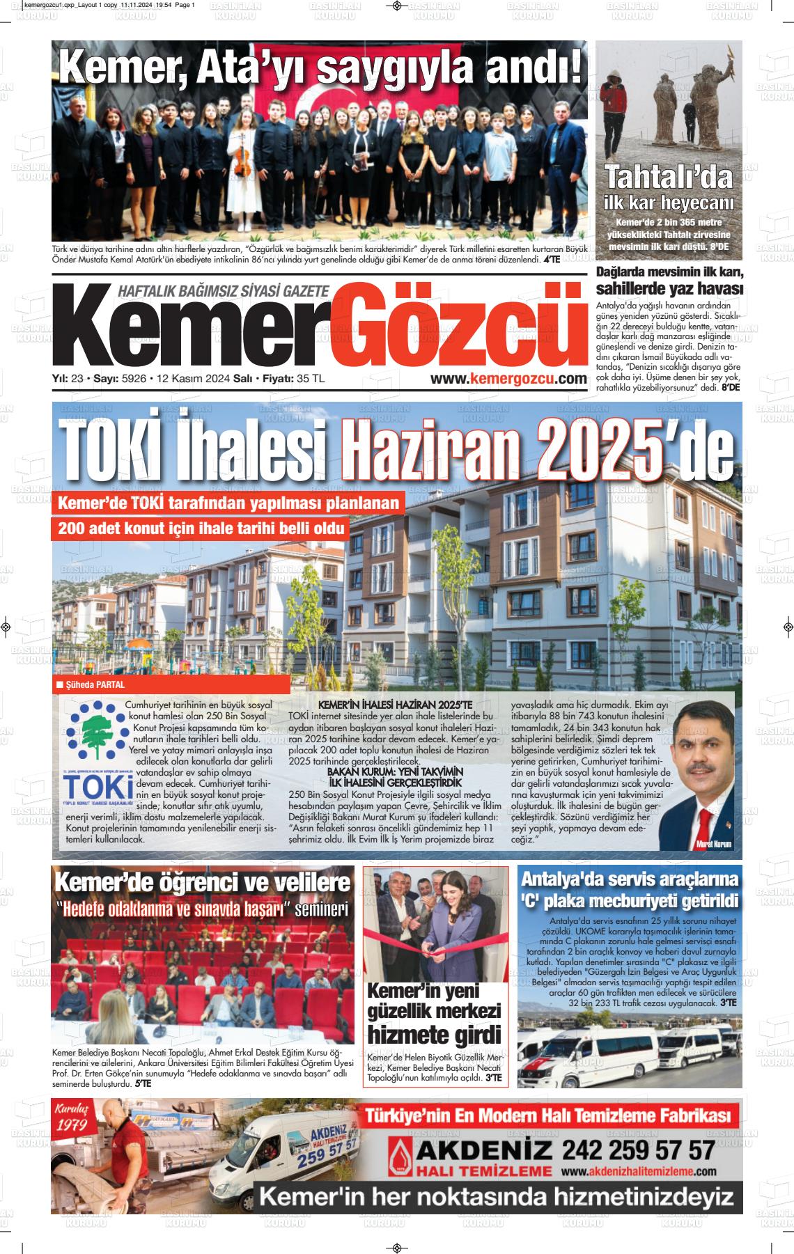 12 Kasım 2024 Kemer Gözcü Gazete Manşeti