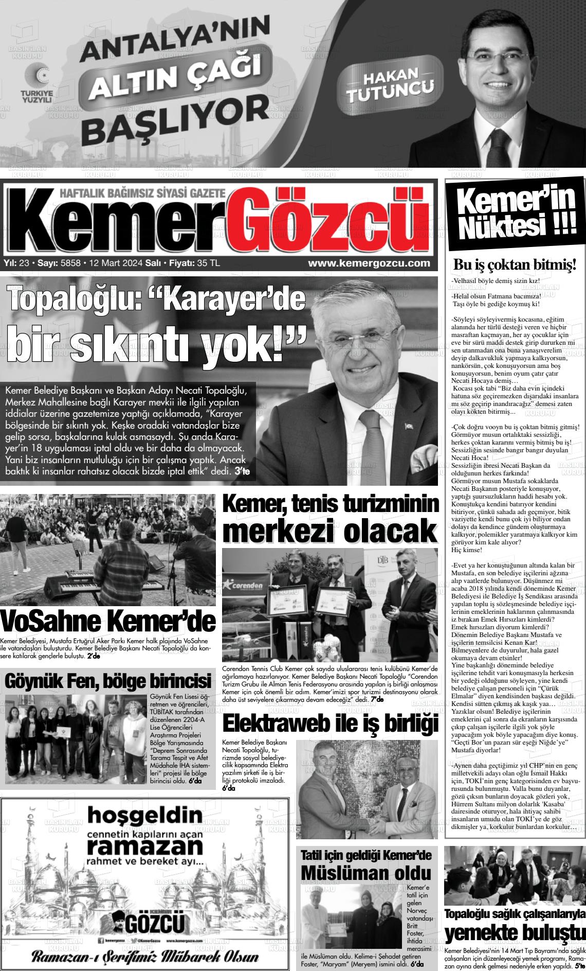 12 Mart 2024 Kemer Gözcü Gazete Manşeti