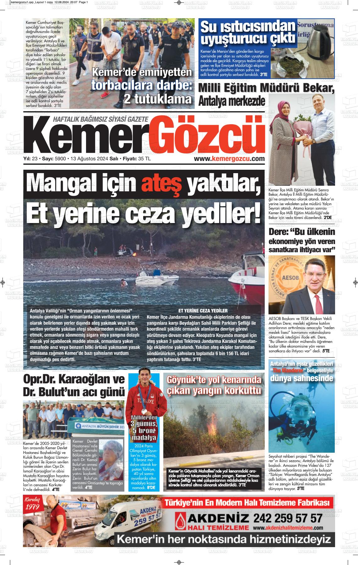 13 Ağustos 2024 Kemer Gözcü Gazete Manşeti