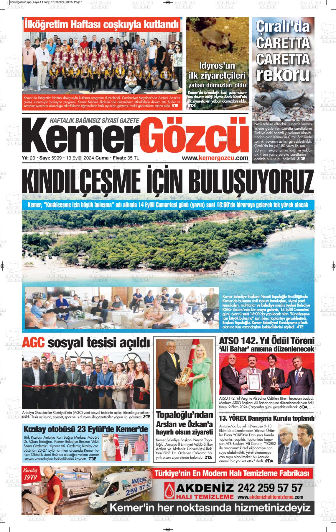 13 Eylül 2024 Kemer Gözcü Gazete Manşeti