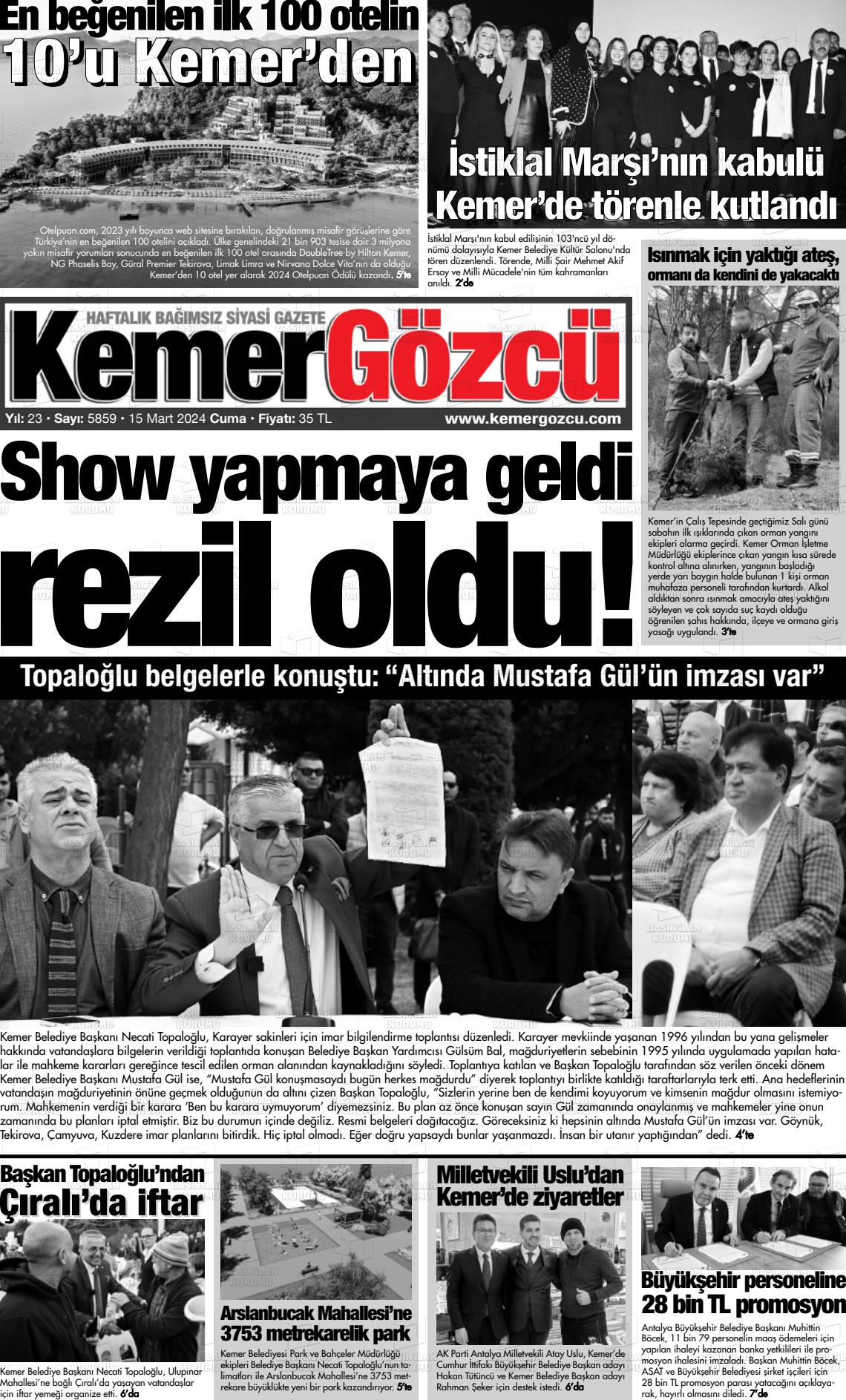 15 Mart 2024 Kemer Gözcü Gazete Manşeti