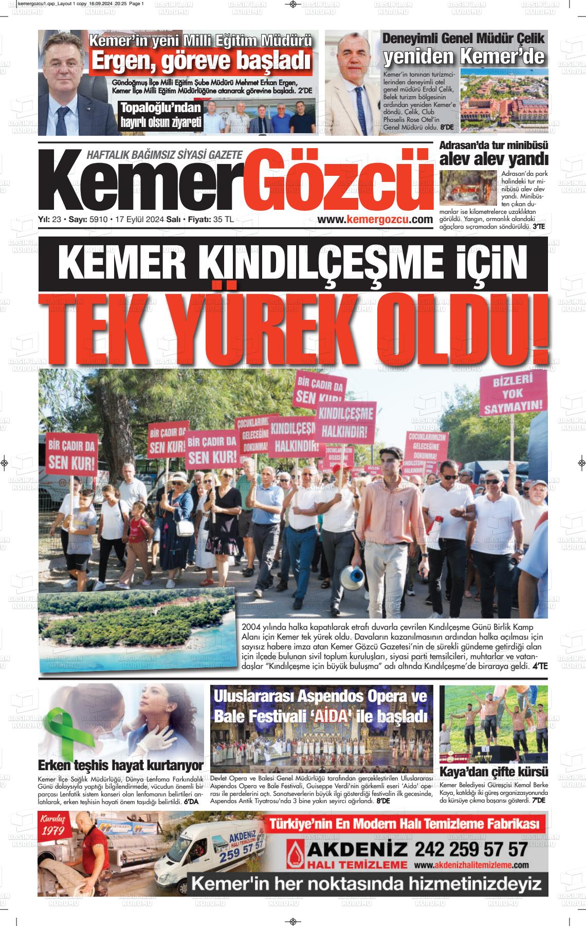 17 Eylül 2024 Kemer Gözcü Gazete Manşeti