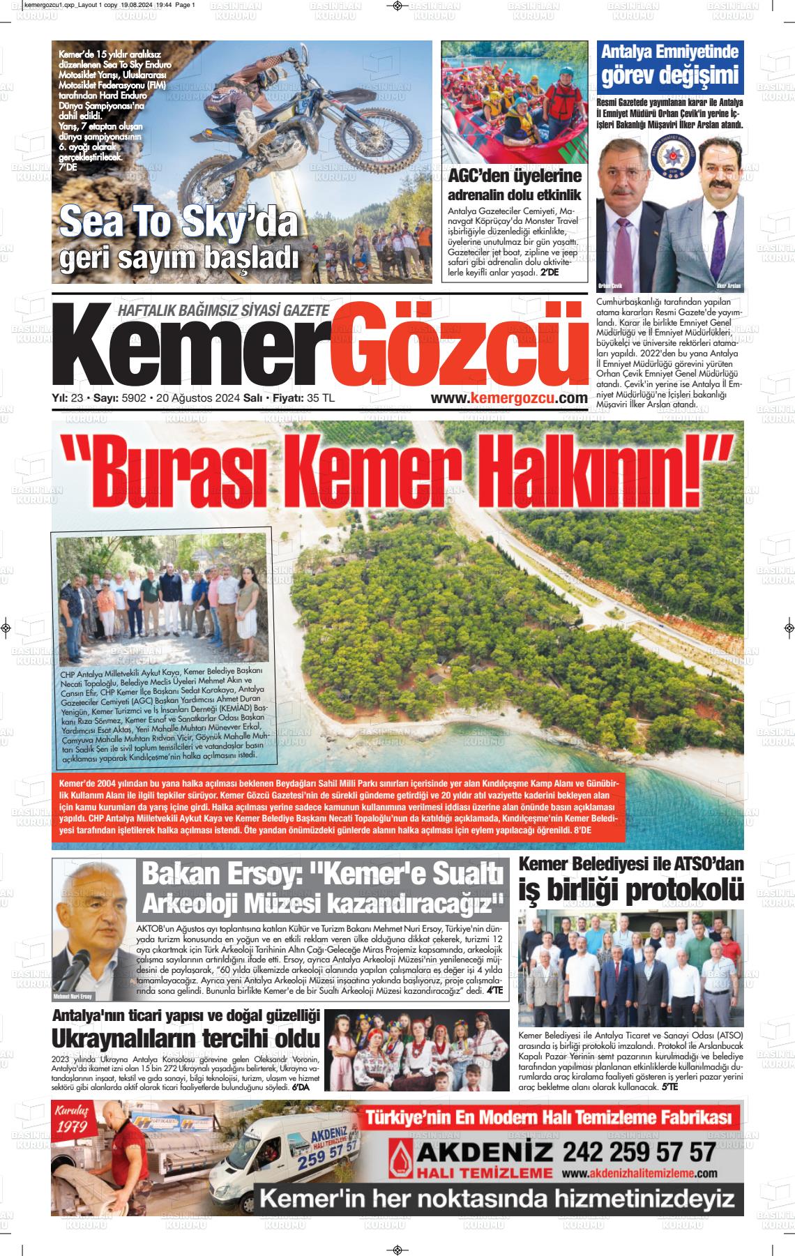 20 Ağustos 2024 Kemer Gözcü Gazete Manşeti