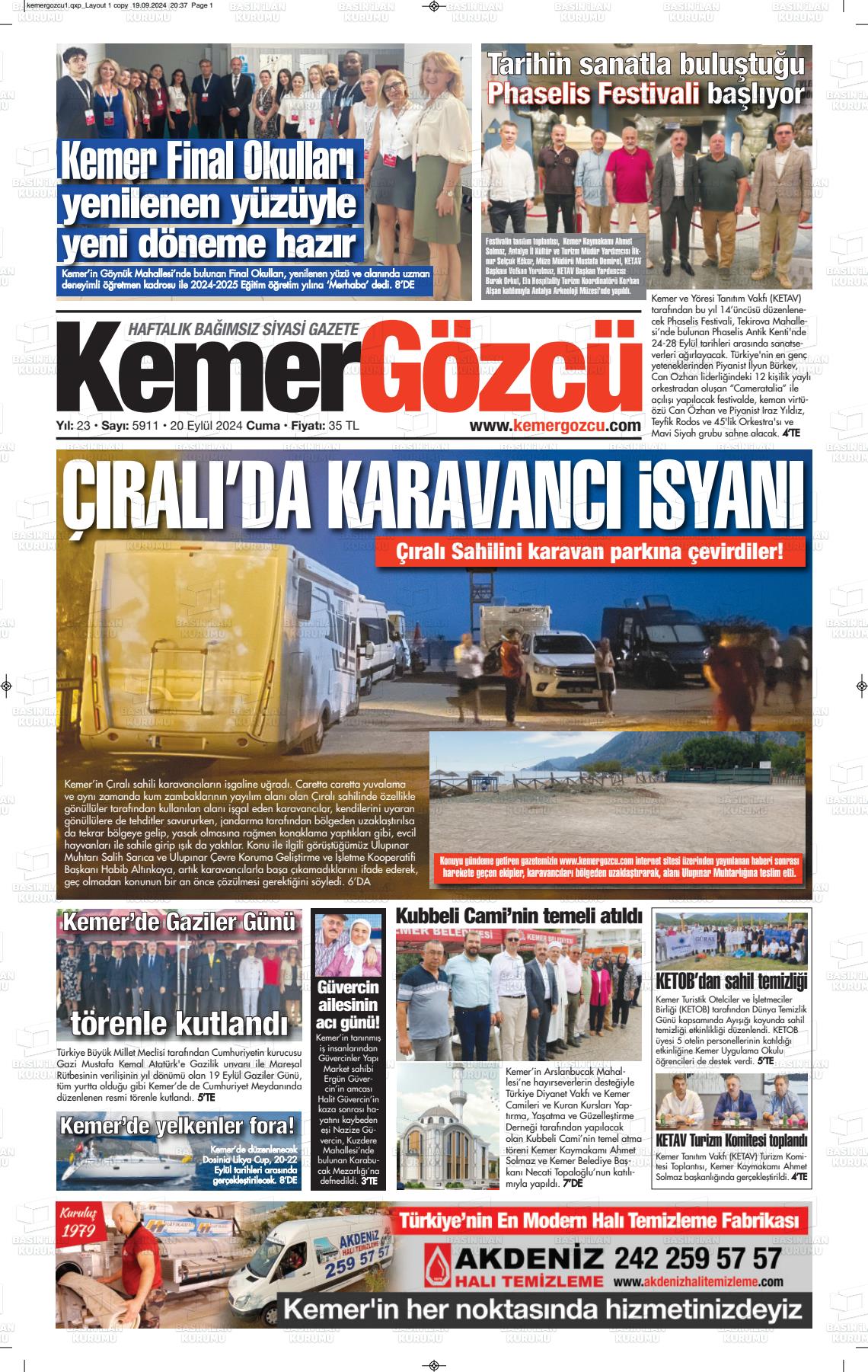 20 Eylül 2024 Kemer Gözcü Gazete Manşeti