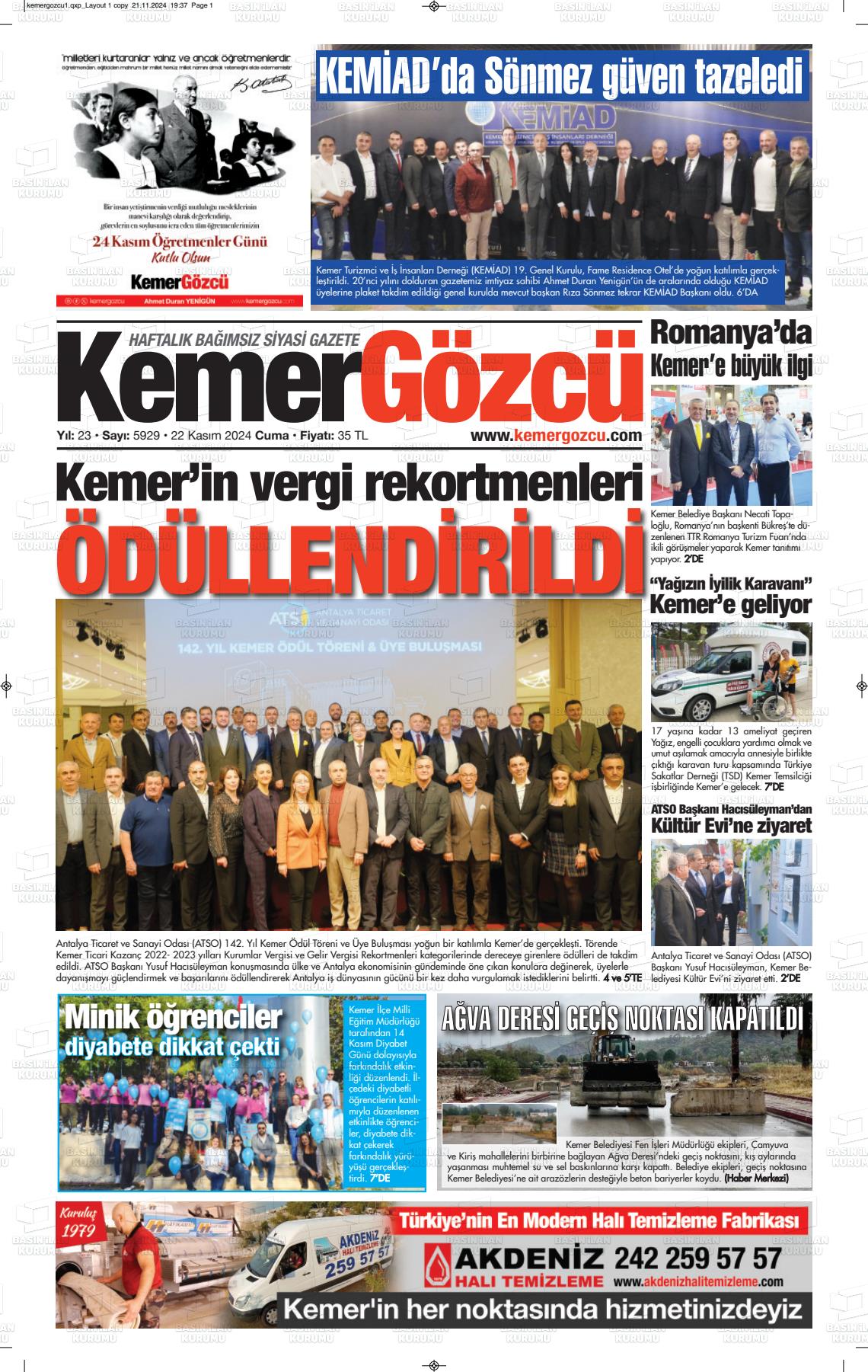 22 Kasım 2024 Kemer Gözcü Gazete Manşeti