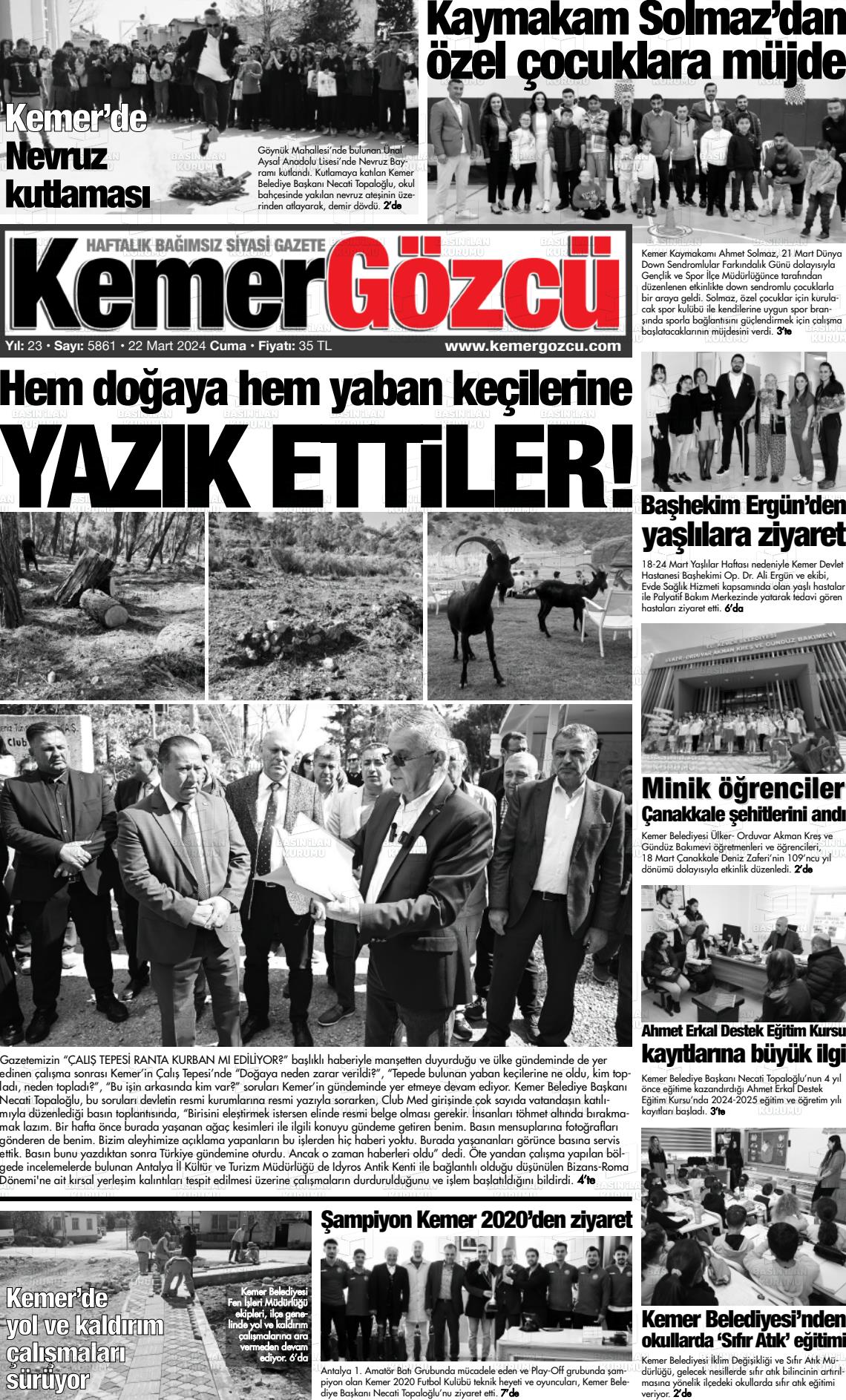 22 Mart 2024 Kemer Gözcü Gazete Manşeti