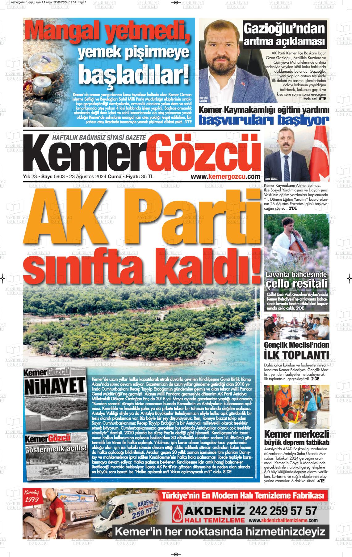 23 Ağustos 2024 Kemer Gözcü Gazete Manşeti