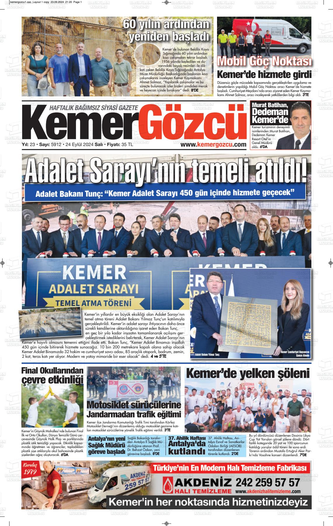 24 Eylül 2024 Kemer Gözcü Gazete Manşeti