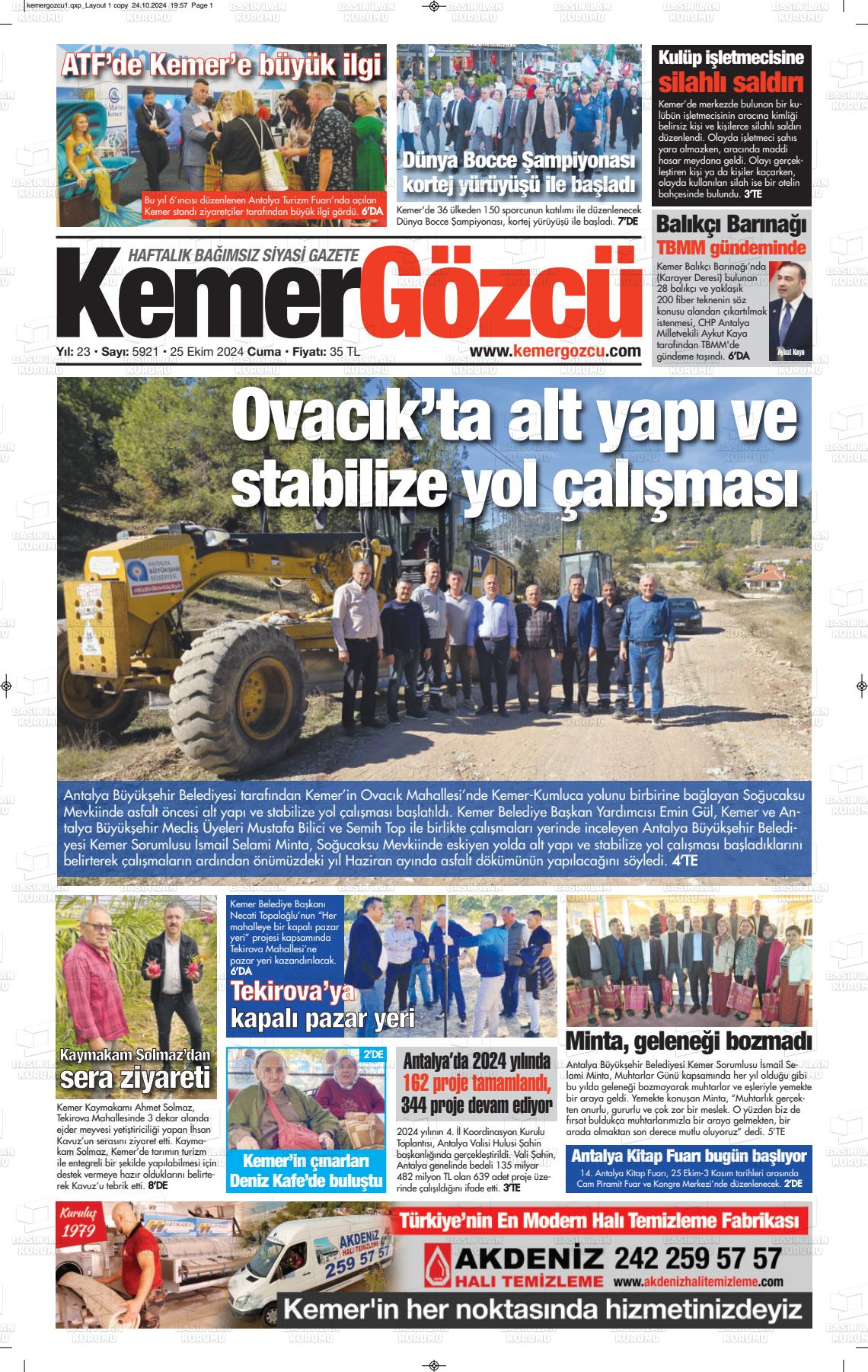 25 Ekim 2024 Kemer Gözcü Gazete Manşeti