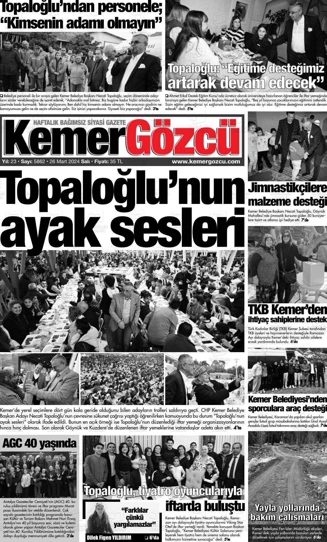 26 Mart 2024 Kemer Gözcü Gazete Manşeti