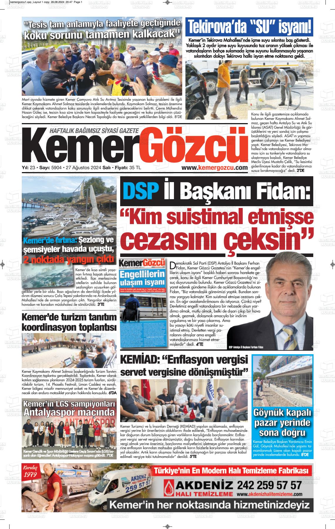 27 Ağustos 2024 Kemer Gözcü Gazete Manşeti