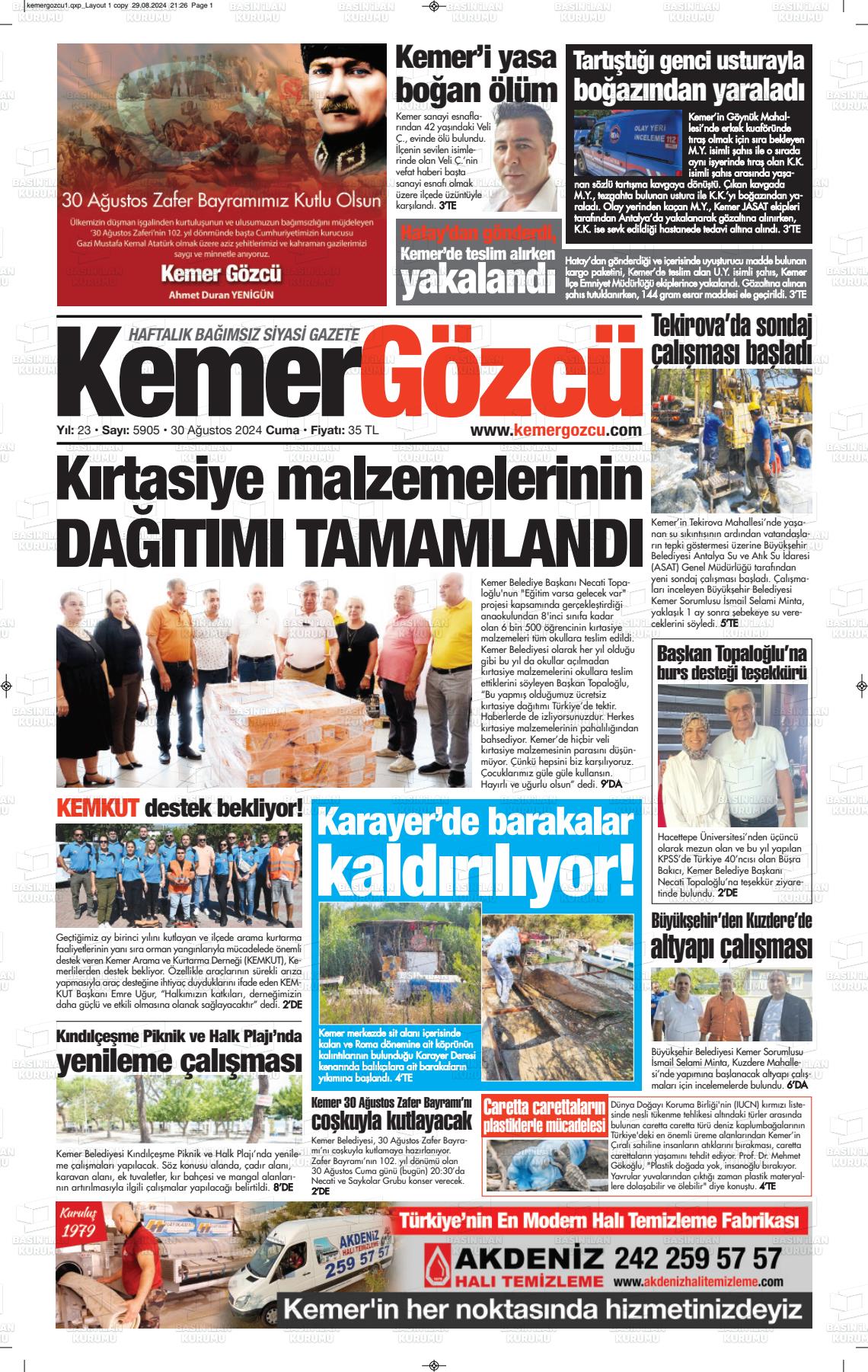 30 Ağustos 2024 Kemer Gözcü Gazete Manşeti