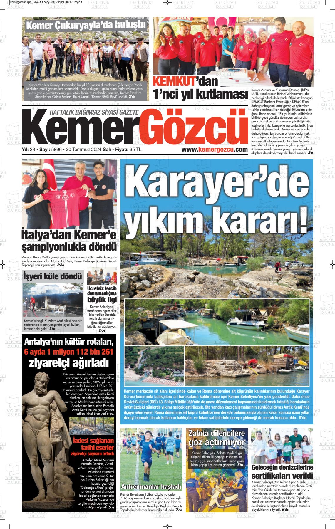 30 Temmuz 2024 Kemer Gözcü Gazete Manşeti