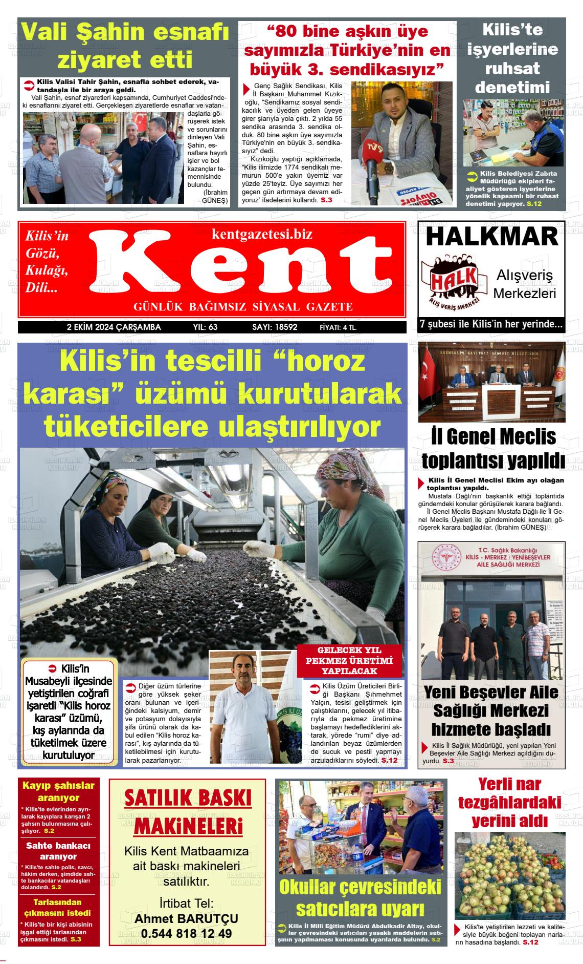 02 Ekim 2024 Kilis Kent Gazete Manşeti