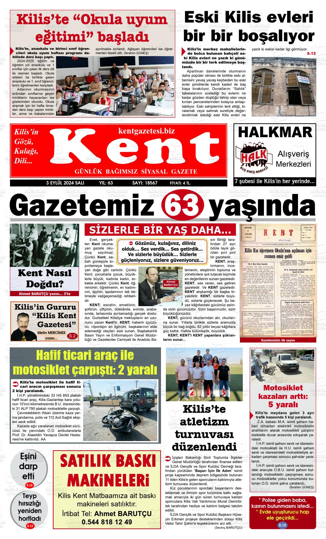 03 Eylül 2024 Kilis Kent Gazete Manşeti