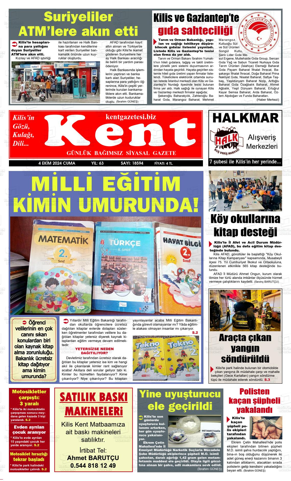 04 Ekim 2024 Kilis Kent Gazete Manşeti