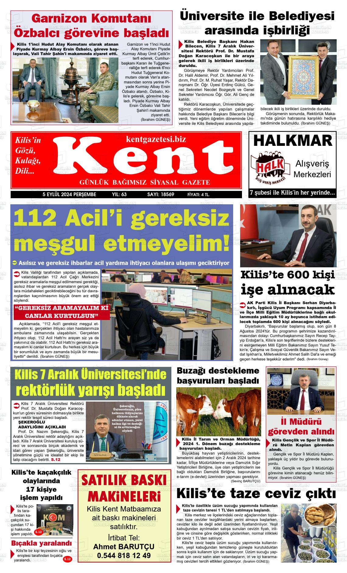 05 Eylül 2024 Kilis Kent Gazete Manşeti